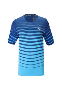 Blå kortärmad sportskjorta med horisontella gradientränder och "FZ"-logotyp på bröstet, designad för atletisk användning.