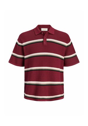 Polo à manches courtes en maille avec une base couleur bordeaux, des rayures horizontales crème et vert foncé, et trois boutons au col.