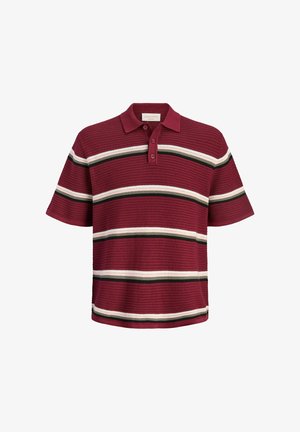 Polo à manches courtes en maille avec une base couleur bordeaux, des rayures horizontales crème et vert foncé, et trois boutons au col.