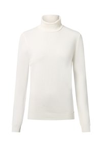 Biały sweter z golfem wykonany z miękkiego materiału dzianinowego. Długie rękawy z ribbowanym wykończeniem przy mankietach i u dołu. Minimalistyczny design, bez widocznych wzorów lub ozdób.
