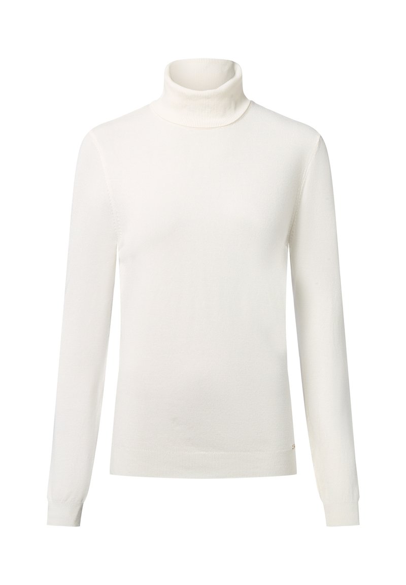 Biały sweter z golfem wykonany z miękkiego materiału dzianinowego. Długie rękawy z ribbowanym wykończeniem przy mankietach i u dołu. Minimalistyczny design, bez widocznych wzorów lub ozdób.