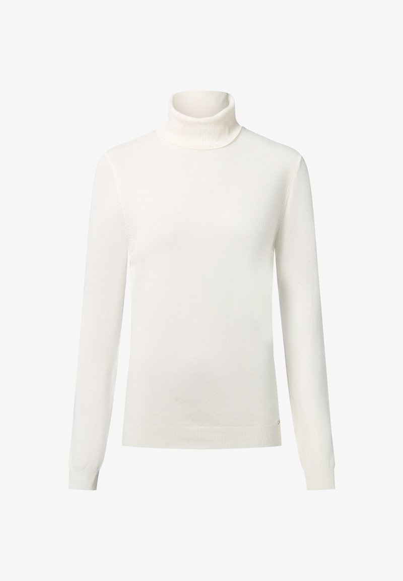 Biały sweter z golfem wykonany z miękkiego materiału dzianinowego. Długie rękawy z ribbowanym wykończeniem przy mankietach i u dołu. Minimalistyczny design, bez widocznych wzorów lub ozdób.