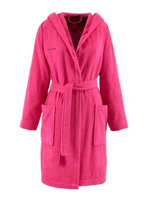 Peignoir de bain rose vif à capuche avec ceinture et deux poches avant, fabriqué en tissu éponge doux.