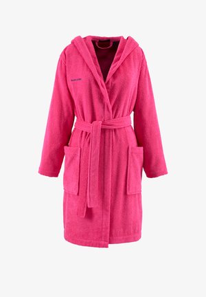 Peignoir de bain rose vif à capuche avec ceinture et deux poches avant, fabriqué en tissu éponge doux.