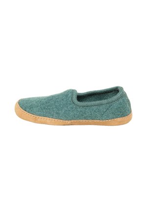 Soft green felt slip-on shoe with light brown rubber sole, low-cut design for easy wear, isolated on white background.