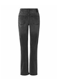 Black denim jeans with a straight-leg design, featuring two back pockets and a minimalistic waistband. No visible hardware or embellishments.