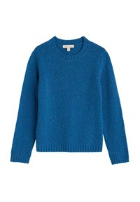 Kék, hosszú ujjú kötött pulóver bordázott kerek nyakkal, mandzsettával és aljjal, textúrált gyapjú anyagból készült.