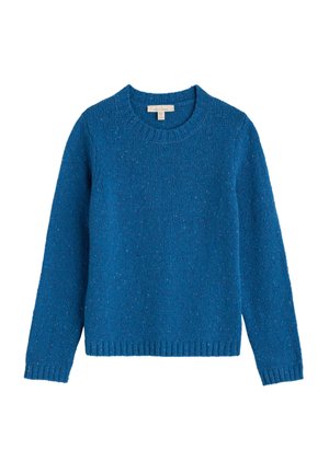 Modrá pletená svetrová mikina s dlhým rukávom a rebrovaným okrúhlym výstrihom, manžetami a spodným lemom, vyrobená z textúrovanej vlnenej tkaniny.