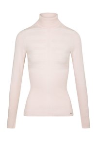 Hellrosa Rollkragenpullover aus geripptem Strickstoff. Mit langen Ärmeln, schmaler Passform und horizontalem Streifenmuster im oberen Bereich.
