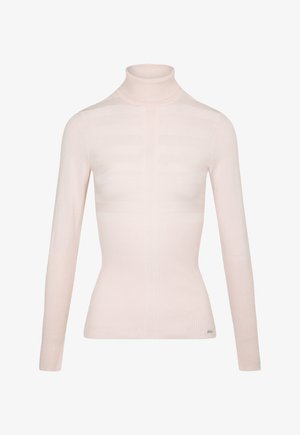 Maglione a collo alto rosa chiaro realizzato in tessuto a coste. Caratterizzato da maniche lunghe, vestibilità slim e motivo a righe orizzontali nella parte superiore.