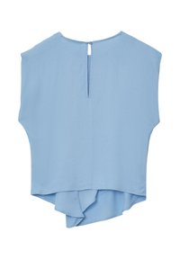 Blusa senza maniche blu con chiusura a bottone a oblò sulla nuca e un orlo asimmetrico a strati.