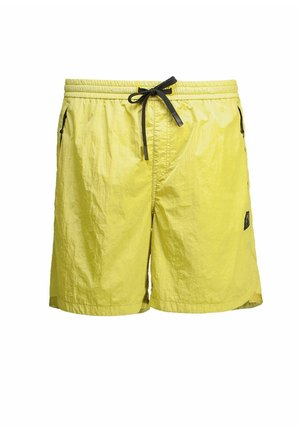 Žluté pánské plavkové šortky s černým stahovacím šňůrkem a zipovými kapsami na bocích, vyrobené z lehké zvrásněné tkaniny.