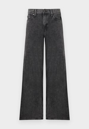 Jean en denim noir à jambes larges avec cinq poches et fermeture par boutons, présenté à plat sur un fond blanc.