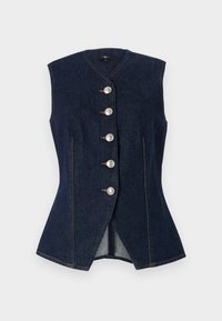 Denim vest, donkerblauw, mouwloos ontwerp, V-hals, met vijf grote zilveren knopen, op maat gesneden vorm, met contrasterende stikseldetails.