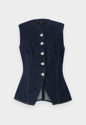 Denim vest, dark blue, sleeveless design, V-neck, featuring five large silver buttons, tailored shape, with contrasting stitching details.