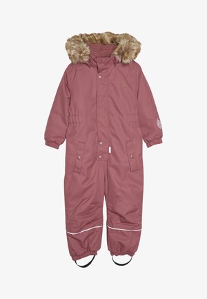 Pink insulated snowsuit with a faux fur-lined hood, elastic cuffs, two front pockets, and reflective trim at the ankles.