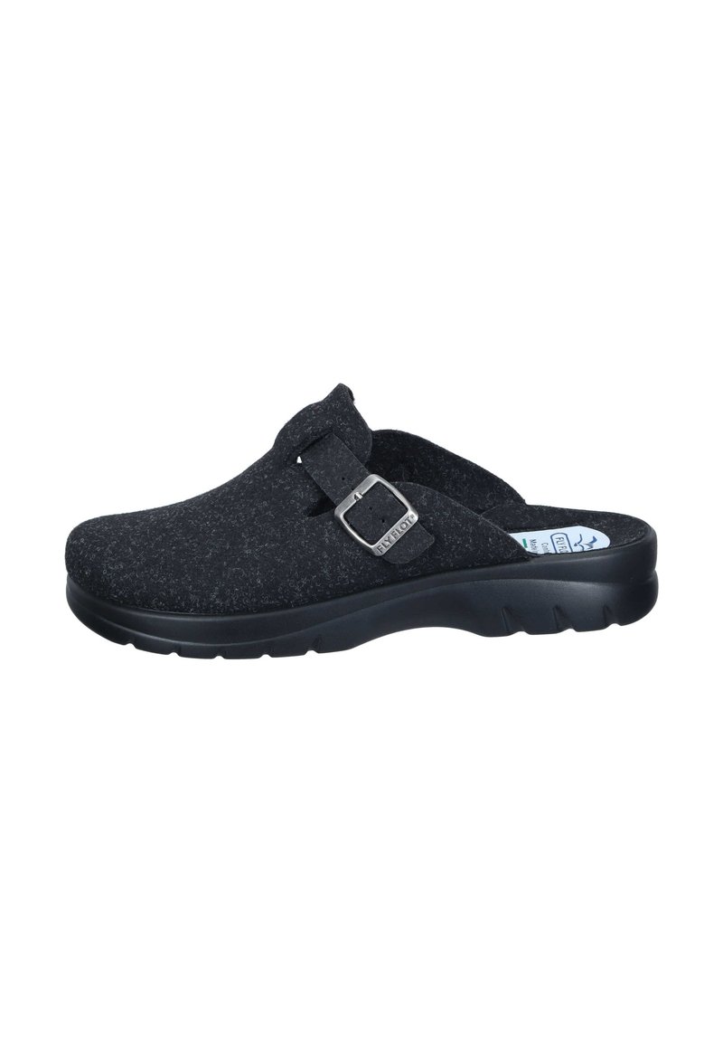 Black slip-on clog with textured fabric upper, adjustable buckle strap, cushioned sole, and open heel for easy wear.