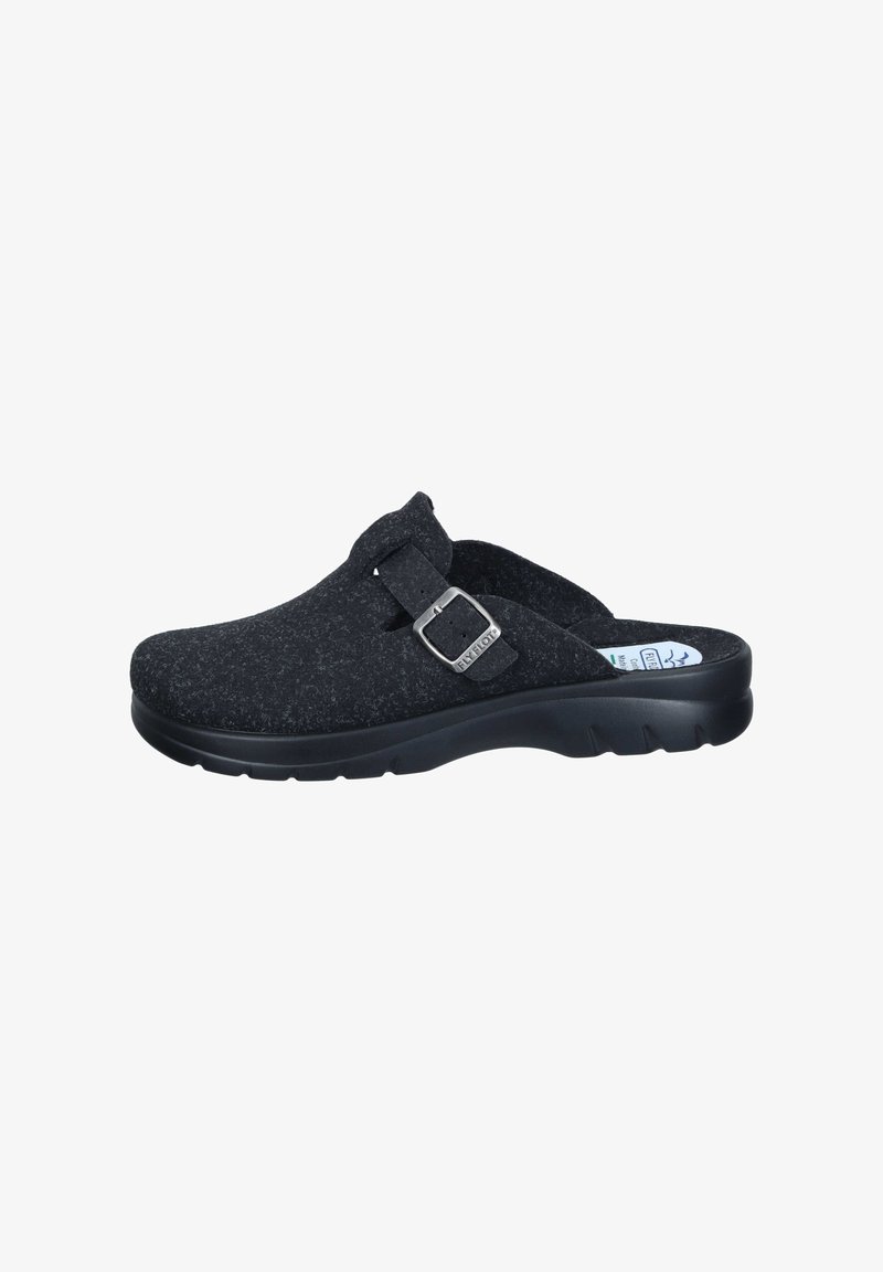 Black slip-on clog with textured fabric upper, adjustable buckle strap, cushioned sole, and open heel for easy wear.