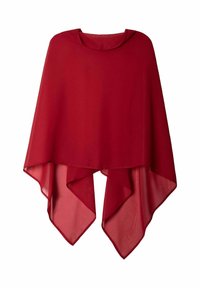 Poncho rojo transparente con un escote redondeado, lados drapeados alargados y una tela ligera. Presenta una textura suave y fluida sin patrones.