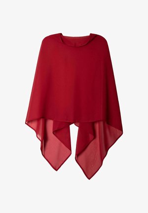 Poncho transparent rouge avec un col rond, des côtés drapés allongés et un tissu léger. Présente une texture lisse et fluide sans motifs.