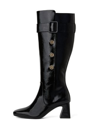 Knee-high, black patent leather boots with a pointed toe, block heel, and three gold decorative buttons on the outer side. Adjustable strap at the top.