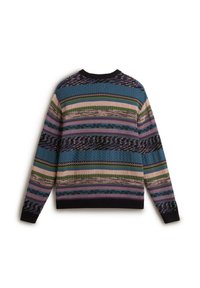 Knit sweater featuring multicolored horizontal stripes in blue, green, pink, and black, with textured patterns and ribbed cuffs.
