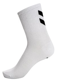 Calcetín blanco de crew con parte superior acanalada, textura suave y logotipo de marca negro en el costado. Diseñado para confort y soporte.