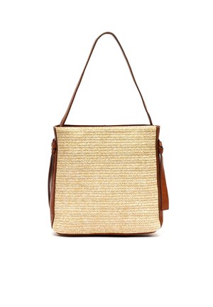 Rectangular woven straw handbag with brown leather sides, single shoulder strap, and a small leather tag on the right side.
