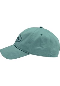 Gorra de béisbol verde claro con visera curva y pequeño logo negro en la parte frontal izquierda, mostrada de lado sobre un fondo blanco.