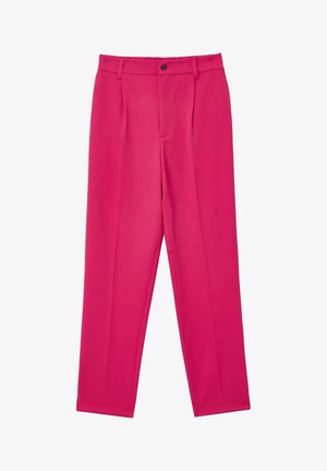 Fuchsia Hose mit glatter Textur, mittelhoher Taillenbund, vorderen Falten und einem Knopfverschluss. Gerader Beinverlauf.