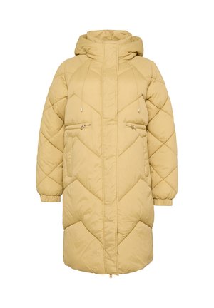 Khaki-gelber Puffy- Mantel mit einem gesteppten Rautenmuster, Kapuze und Reißverschlusstaschen. Verfügt über elastische Bündchen und einen geraden Saum.