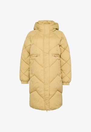 Khaki gele gewatteerde jas met een ruitpatroon, capuchon en ritszakken. Heeft elastische manchetten en een rechte zoom.