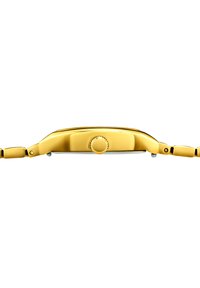 Goldfarbene Armbanduhr mit rundem Gehäuse, strukturiertem Kronenmechanismus und Gliederarmband. Glatte Oberfläche mit minimalen Akzenten.