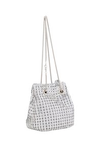 Weißer Eimer-Handtasche aus kleinen runden Pailletten. Verfügt über eine strukturierte Oberfläche, runde Ösen und zwei schlanke Schulterriemen.