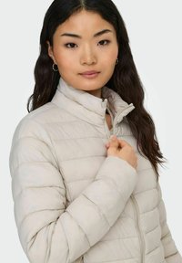 Gai bēšas krāsas pufīgs apģērbs ar augstu apkakli, kuram ir horizontālas šuves un priekšējais rāvējslēdzis. Gluda tekstūra ar mīkstu apdari.