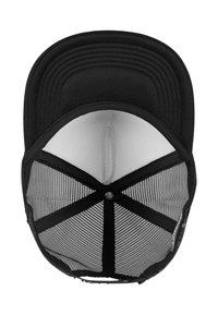 Svart baseballcaps med en solid frontpanel og meshbakside, med kontrasterende hvit kanting. Inkluderer snapback-lukking for justerbarhet.