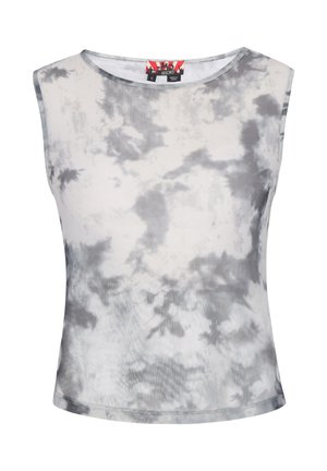 Hihaton valkoinen toppi, jossa harmaa batikkikuvio ja pyöreä pääntie, koko small, kangasmerkki näkyvissä kauluksen sisäpuolella.