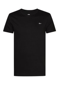 T-shirt in cotone nero con maniche corte, scollo rotondo e un piccolo logo bianco sulla parte superiore sinistra del petto. Design semplice e uniforme.