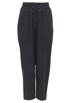 Black, loose-fitting pants with an elastic waistband, drawstring detail, and tapered cuffs; made from a soft, lightweight fabric.