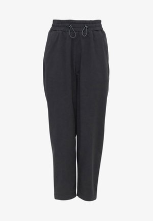 Black, loose-fitting pants with an elastic waistband, drawstring detail, and tapered cuffs; made from a soft, lightweight fabric.
