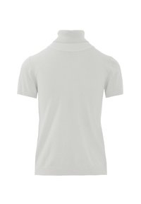 Maglione dolcevita a maniche corte di colore grigio chiaro, realizzato in morbido materiale a maglia, con colletto e polsini a coste e un design senza cuciture sul retro.