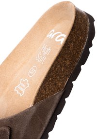 Brown suede slide sandal featuring a cushioned insole labeled "High Soft," with a textured brown sole and subtle logo detail. Size 37.