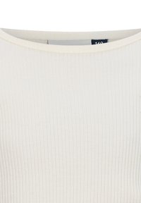 Top a costine crema chiaro con scollatura rotonda, caratterizzato da una texture liscia e un tessuto leggermente elastico per un look aderente.