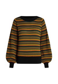 Sweter dzianinowy z poziomymi paskami w kolorze żółtym, czerwonym, zielonym i czarnym, z czarnym prążkowanym dekoltem i dopasowanymi mankietami.