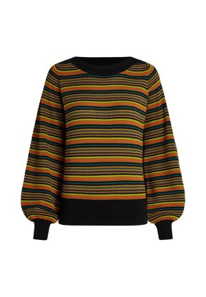 Geztrikt sweater met horizontale strepen in geel, rood, groen en zwart, met een zwarte geribbelde halslijn en aansluitende manchetten.