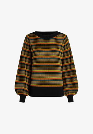 Strickpullover mit horizontalen Streifen in Gelb, Rot, Grün und Schwarz, mit einem schwarzen gerippten Ausschnitt und enganliegenden Bündchen.