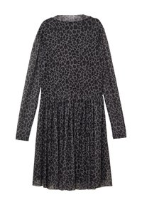 Langärmliges Kleid mit einem Schwarz-Grau-Leopardenmuster, mit tailliertem Oberteil und ausgestelltem, gefälteltem Rock. Weicher Stoff mit glatter Textur.