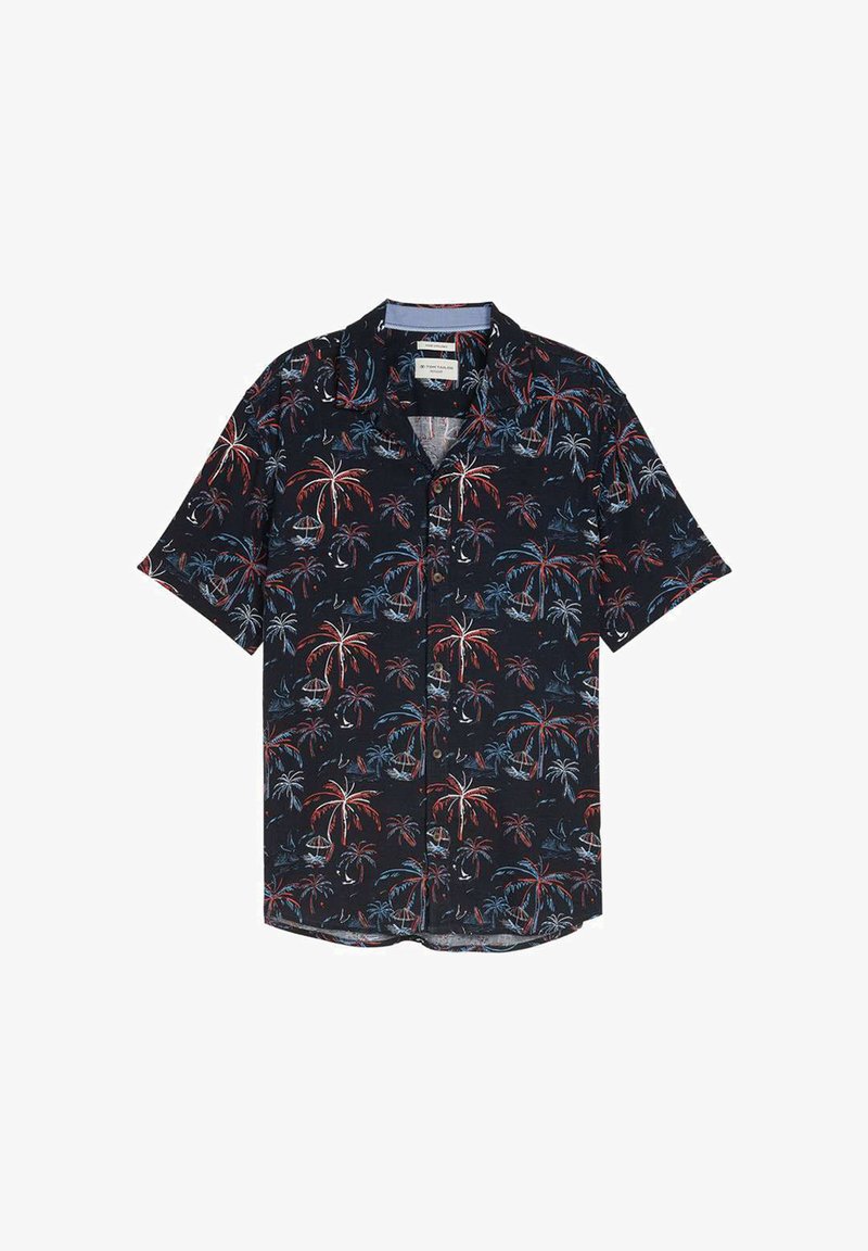 Chemise noire à manches courtes avec boutons, motif de palmiers rouges et bleus.