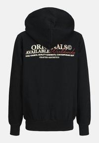 Hoodie nero con un ampio cappuccio, polsini e fondo a costine, con testo multicolore sul retro, inclusi "ORIGINALS" e "AVAILABLE Worldwide."