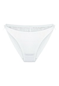 Witte kanten slip met een bloemenpatroon, gegolfde randen en doorschijnende delen. Voorzien van dunne bandjes en een gladde, zachte textuur.